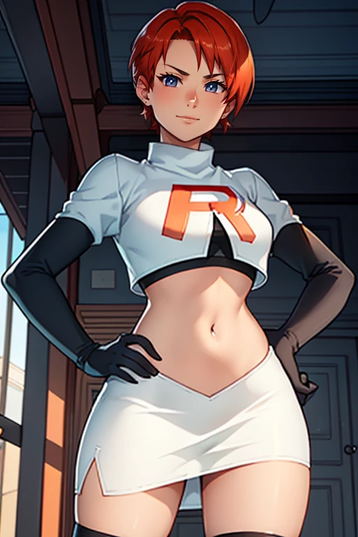 leonie pinelli, orange hair ,short hair ,earrings, glossy lips ,team rocket uniform, red letter R, white skirt,white crop top,black thigh-high boots, black elbow gloves, evil smile, hands on hips