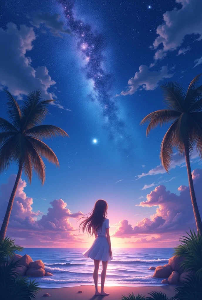 (Highest quality,4K,Highest quality,masterpiece:1.2),(((Full nudity)))、((NSFW)), Anime Girls,1 Girl,Long Hair,Fine grain,Very detailed,Beach Background,Night Sky,Galaxy Sky,Sparkling waves,Soft Sand,Tropical palm trees,Moonlight silhouette,Ethereal atmosphere,Serene atmosphere,Colorful nebulae,Heavenly Beauty,Shining Star,Water surface reflection,Lens flare,Vibrant colors,Subtle lighting,Dreamy scenario,Graceful pose,A captivating presence,Endless Horizon,Calm and quiet,seaside serenity,Deep Focus,Carefully crafted down to the last detail,Realistic rendering,Painting-like texture,Impressive art style,Rich color palette,Artistic brilliance