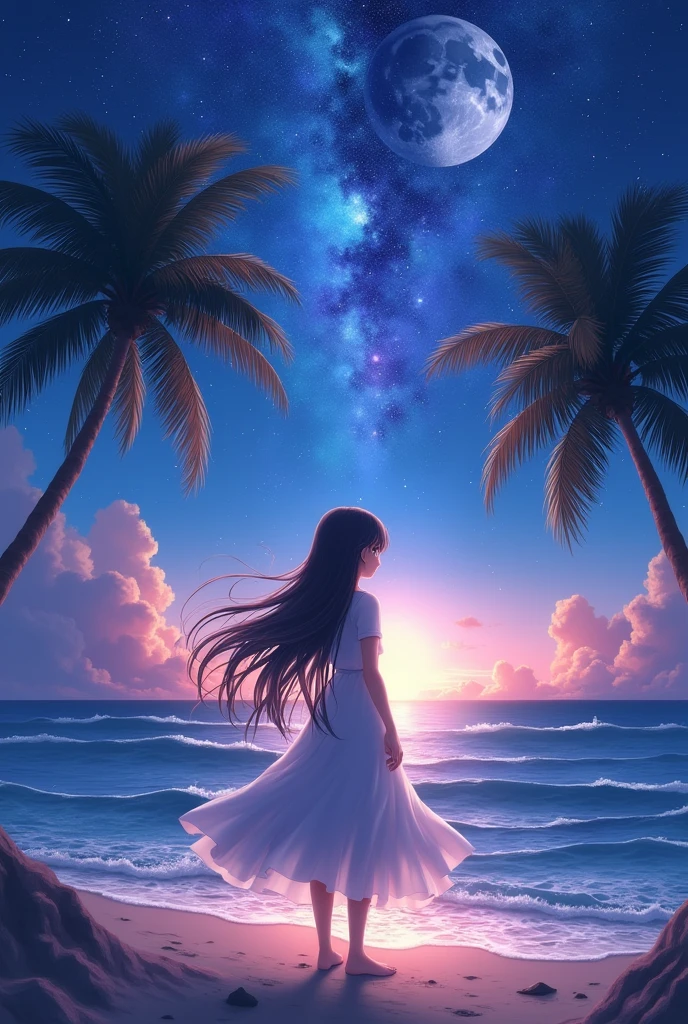 (Highest quality,4K,Highest quality,masterpiece:1.2),(((Full nudity)))、((NSFW)), Anime Girls,1 Girl,Long Hair,Fine grain,Very detailed,Beach Background,Night Sky,Galaxy Sky,Sparkling waves,Soft Sand,Tropical palm trees,Moonlight silhouette,Ethereal atmosphere,Serene atmosphere,Colorful nebulae,Heavenly Beauty,Shining Star,Water surface reflection,Lens flare,Vibrant colors,Subtle lighting,Dreamy scenario,Graceful pose,A captivating presence,Endless Horizon,Calm and quiet,seaside serenity,Deep Focus,Carefully crafted down to the last detail,Realistic rendering,Painting-like texture,Impressive art style,Rich color palette,Artistic brilliance