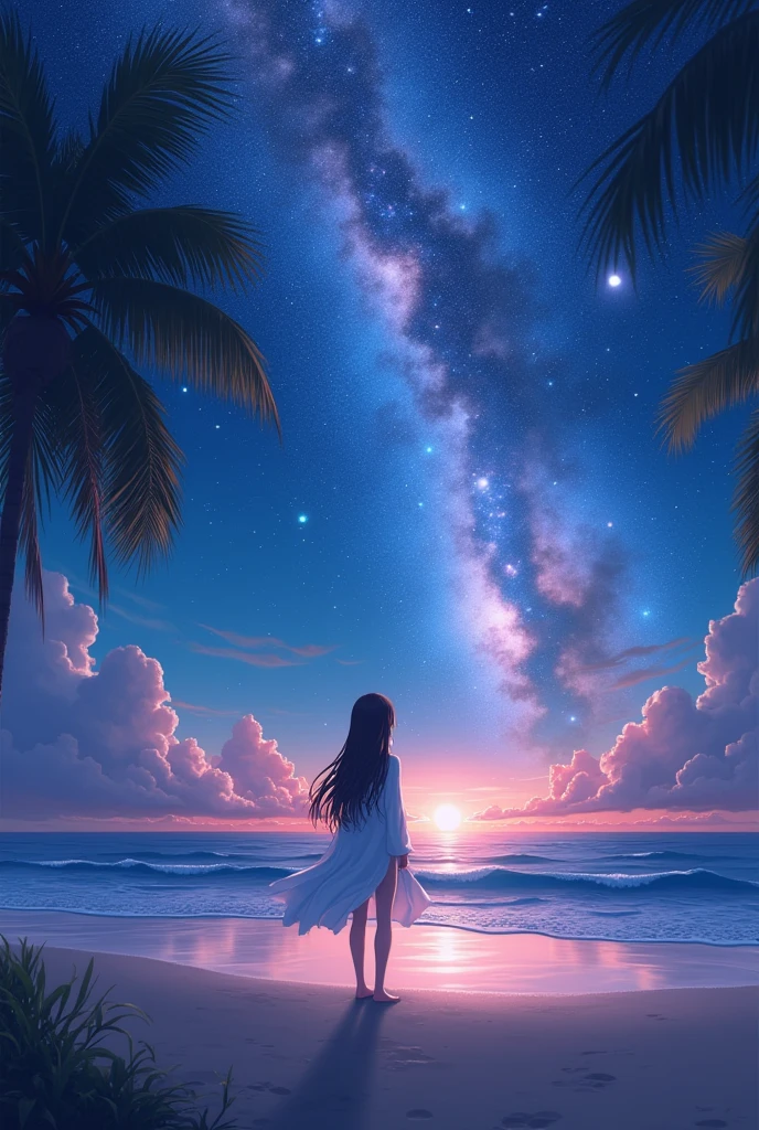 (Highest quality,4K,Highest quality,masterpiece:1.2),(((Full nudity)))、((NSFW)), Anime Girls,1 Girl,Long Hair,Fine grain,Very detailed,Beach Background,Night Sky,Galaxy Sky,Sparkling waves,Soft Sand,Tropical palm trees,Moonlight silhouette,Ethereal atmosphere,Serene atmosphere,Colorful nebulae,Heavenly Beauty,Shining Star,Water surface reflection,Lens flare,Vibrant colors,Subtle lighting,Dreamy scenario,Graceful pose,A captivating presence,Endless Horizon,Calm and quiet,seaside serenity,Deep Focus,Carefully crafted down to the last detail,Realistic rendering,Painting-like texture,Impressive art style,Rich color palette,Artistic brilliance