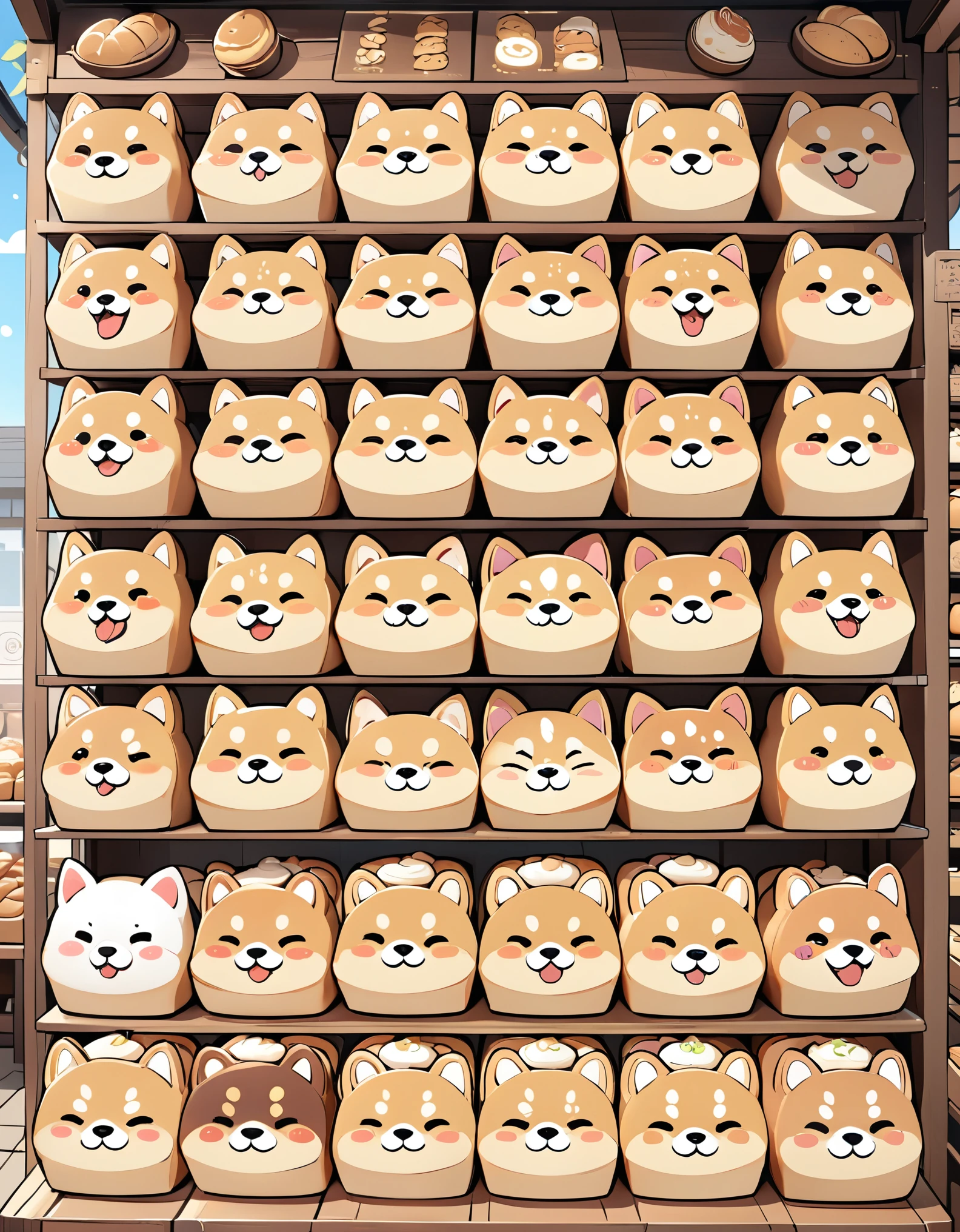 (masterpiece:1.2, Highest quality,Highest quality,Very detailedな:1.2),(Very detailed),(Best illustrations),8k,(Mr.々Small Shiba Inu character breads with cute expressions are arranged in a square.,Bakery Shop,Deformation,Very simple design,Vector Flat,Vector art)