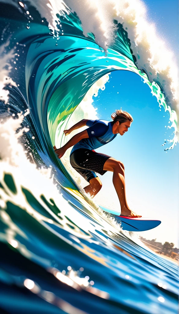 A surfer riding a massive wave, extremely detailed and photorealistic, dynamic sport action, crystal clear ocean water, high contrast full color painting, elaborate sketch-like lines, hyper realistic, ray traced, challenging aesthetic presentation, dynamic motion, dramatic composition, viewer captivating effects, refreshing and breezy atmosphere, alluring surfer, dramatic close-up perspective, high resolution photography, exquisite fine details