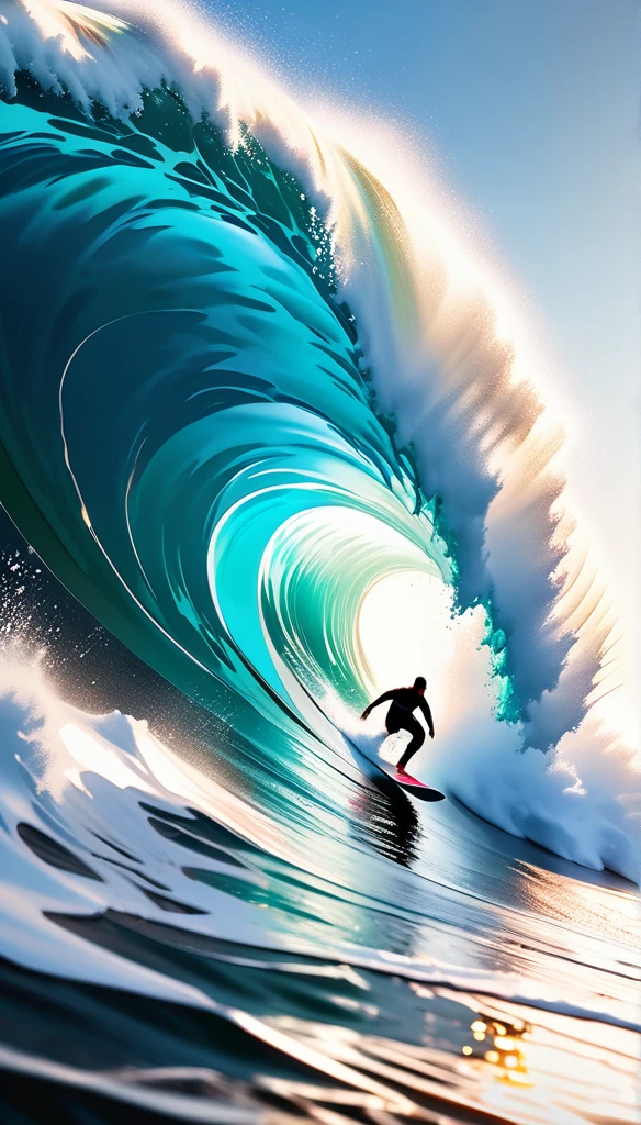 A surfer riding a massive wave, extremely detailed and photorealistic, dynamic sport action, crystal clear ocean water, high contrast full color painting, elaborate sketch-like lines, hyper realistic, ray traced, challenging aesthetic presentation, dynamic motion, dramatic composition, viewer captivating effects, refreshing and breezy atmosphere, alluring surfer, dramatic close-up perspective, high resolution photography, exquisite fine details