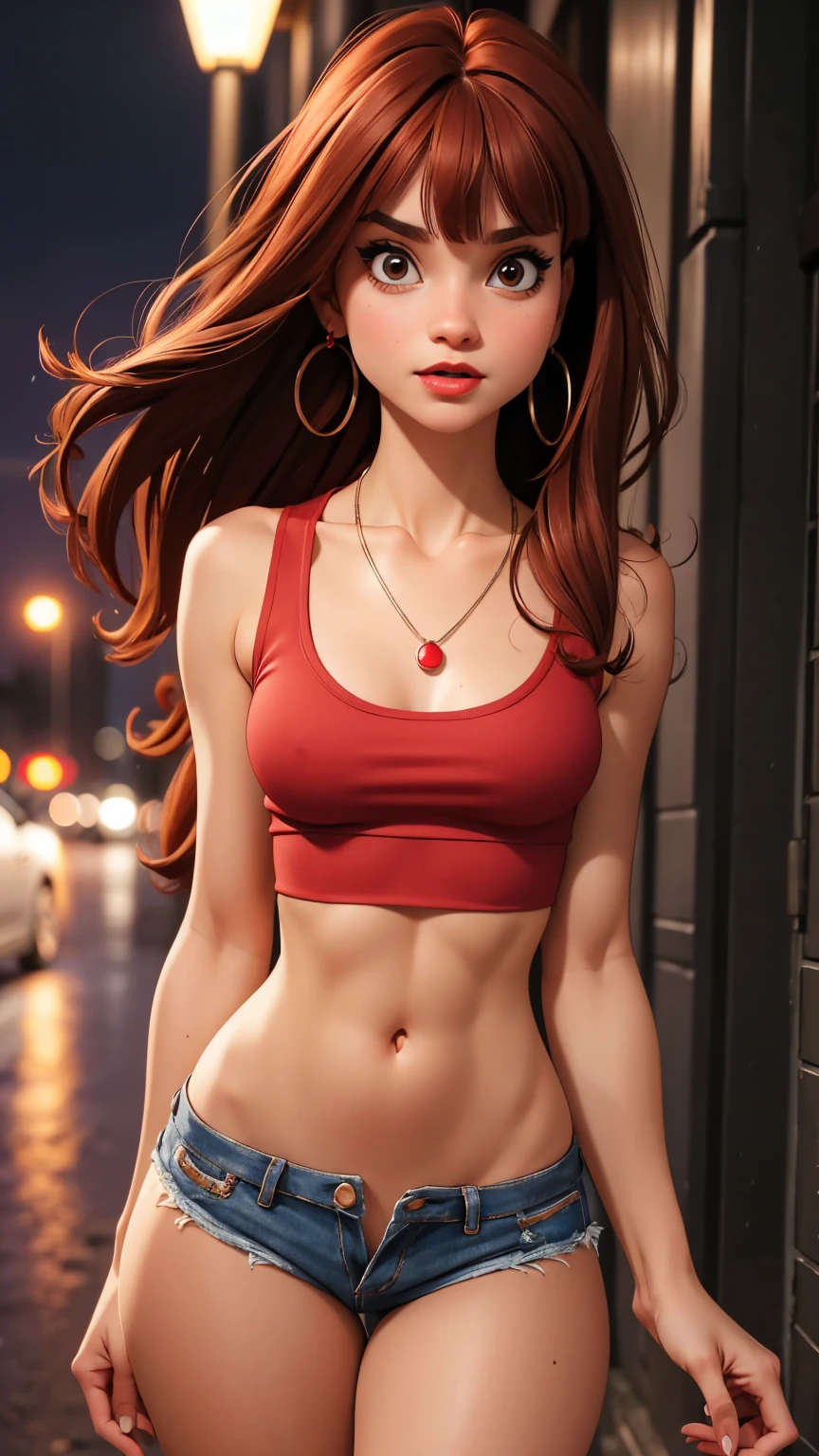 A detailed portrait of a teeanage girl. Small breasts, flat chest, slender abs. (Petite body:1.2). wearing mini shorts and a fitted red crop top. Long messy hair with bangs. Necklace. Earrings. Red lips. Sexy gaze. On a rainy night in the street.