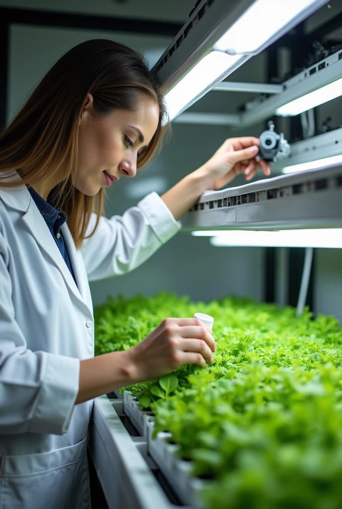 photo of a guy or a woman with a hydroponics in the background with him putting a nutrient solution
