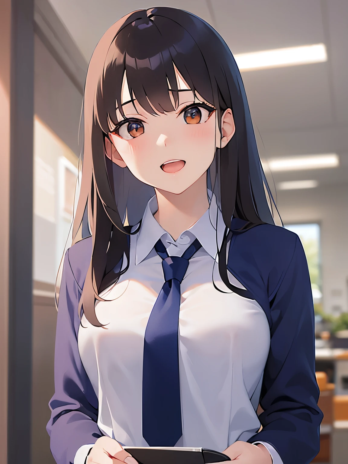 head tilt、upper body, , Realistic, real person, (pale skin: 1.2), RAW photo, photorealistic, shiny skin, shiny hair、(A 25-year-old woman with medium-length hair and bangs) and (wavy hair) and (brown hair) and (orange eyes) , BREAK (Navy blue business suit:1.5) and (white collared shirt) BREAK、smile, open mouth, Background is an office room、Alone、Are standing