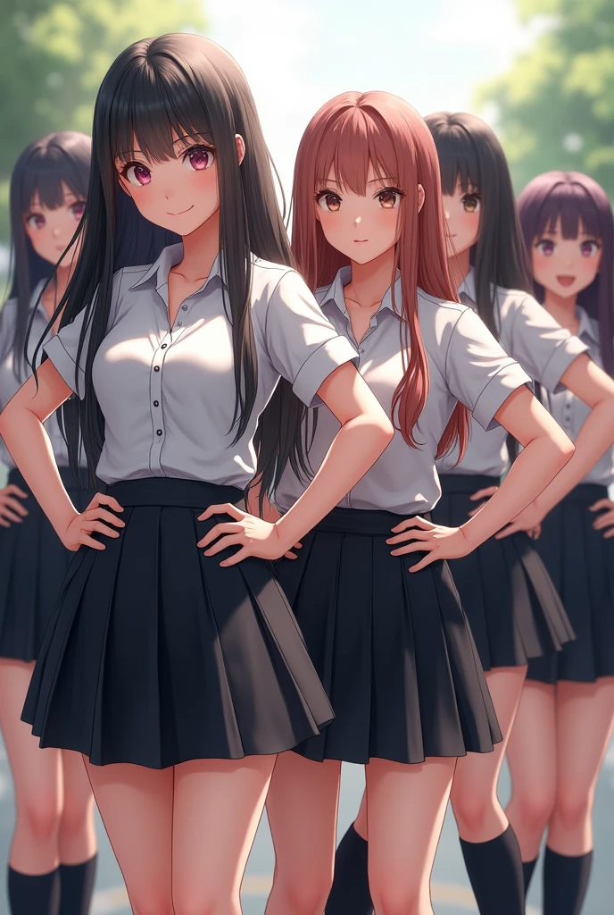 Group of school girls with long hair and black skirts with their hands on their waists
