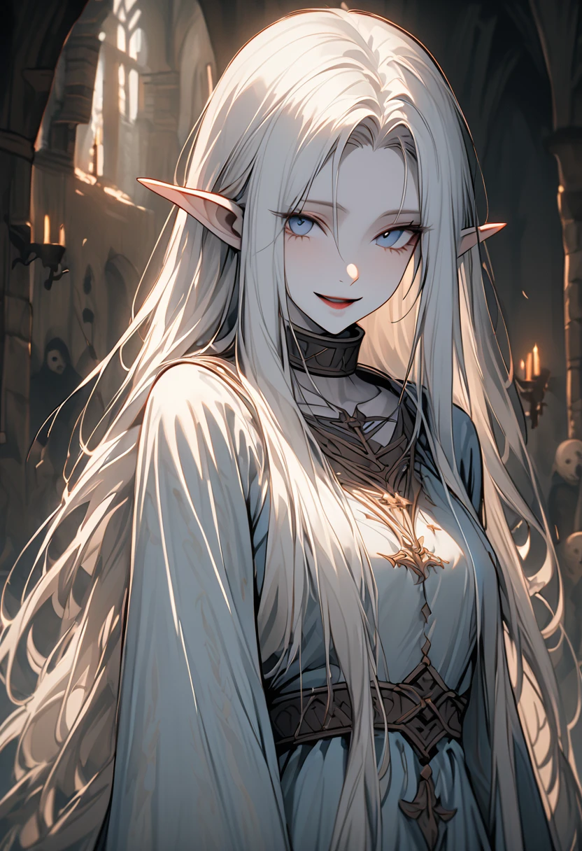 solo, female, cowboy shot, elf, pointed ears, pale skin, white hair, collar, tall, ethereal beauty, slender, lithe frame, long straight hair, cold blue eyes, serene elegance, haunted expression, fragile appearance, quiet dignity, medieval, simple clothes, calm, warm light, looking at viewer, happy smile, laughing