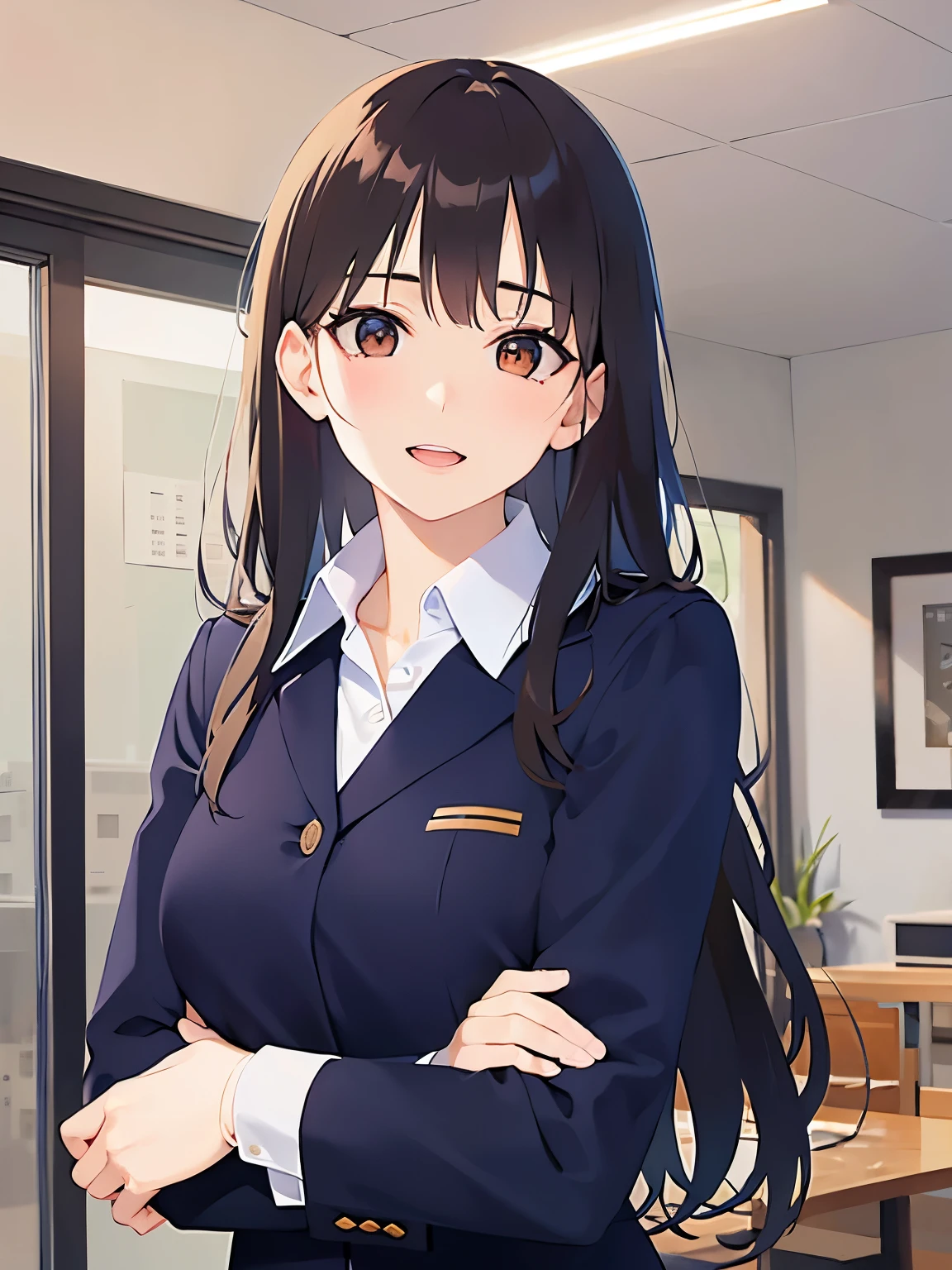 head tilt、upper body, , Realistic, real person, (pale skin: 1.2), RAW photo, photorealistic, shiny skin, shiny hair、(A 25-year-old woman with medium-length hair and bangs) and (wavy hair) and (brown hair) and (orange eyes) , BREAK (Navy blue business suit:1.5) and (white collared shirt) BREAK、smile, open mouth, Background is an office room、Alone、Are standing