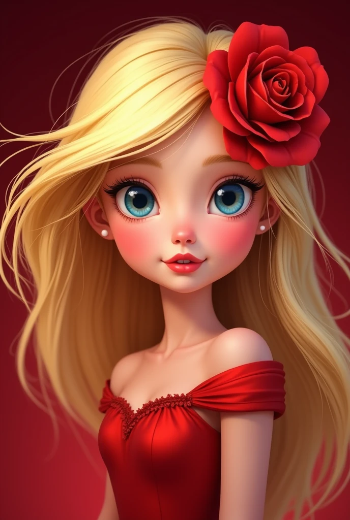 I want a Disney Pixar animation of a blonde girl with loose and voluminous hair with blue eyes well highlighted and big eyelashes. A red rose in the hair along with a plain dark red background.
Her clothes are red like the flower in her hair, your full lips will also be in the shade of red.