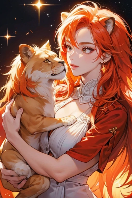 Chomp is an orange girl lion with a white muzzle and a red mane. SPARKLE; GLITTER