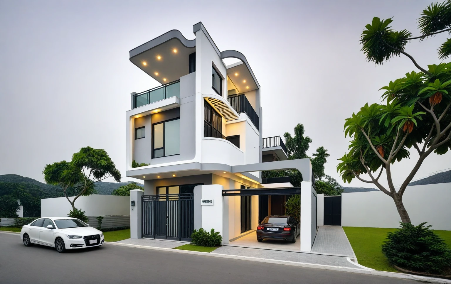 RAW photo, a photo of a modern house, (curvilinear chrchitecture:1.4), Wabisabi style rounded wall, white wall, steel dark gate, sidewalk, sidewalk trees, ((grey gate:1.2)), road, viet nam modern residence, ((architectural shot)), rough white wall, new residential area, wide angle exterior 2022, contemporary house, exterior photography, masterpiece, contemporary architecture, overcast, indirect lighting