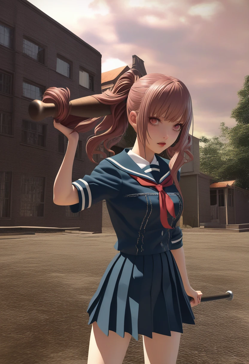 Anime girl in uniform holding a baseball bat in front of a building, Yandere, Yandere. expensive, beautiful anime high high school girl, Anime Style 4 k, gapmoe Yandere, Anime Styled digital art, Anime Style. 8k, Realistic Anime 3D Style, Realistic anime art style, Amazing anime 8k, high school girl, 超現実的なhigh school girl