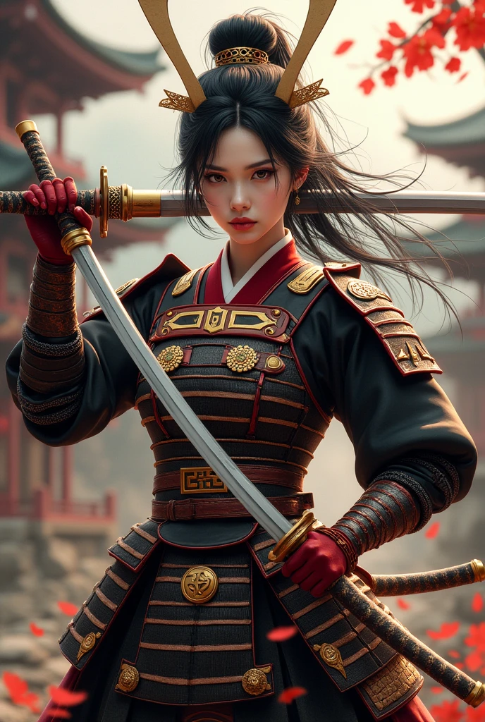 female showgun with Japanese armor and katana 