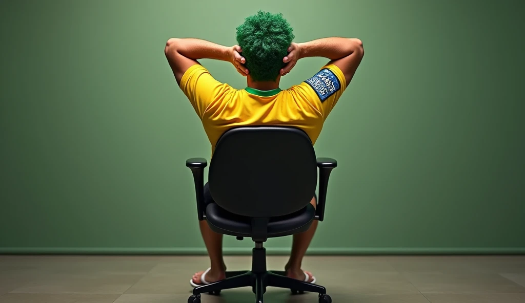 Um homem brasileiro, with green hair, Corinthians shirt, with black shorts and white flip-flops sitting in a secretary chair facing forward with both hands behind his head