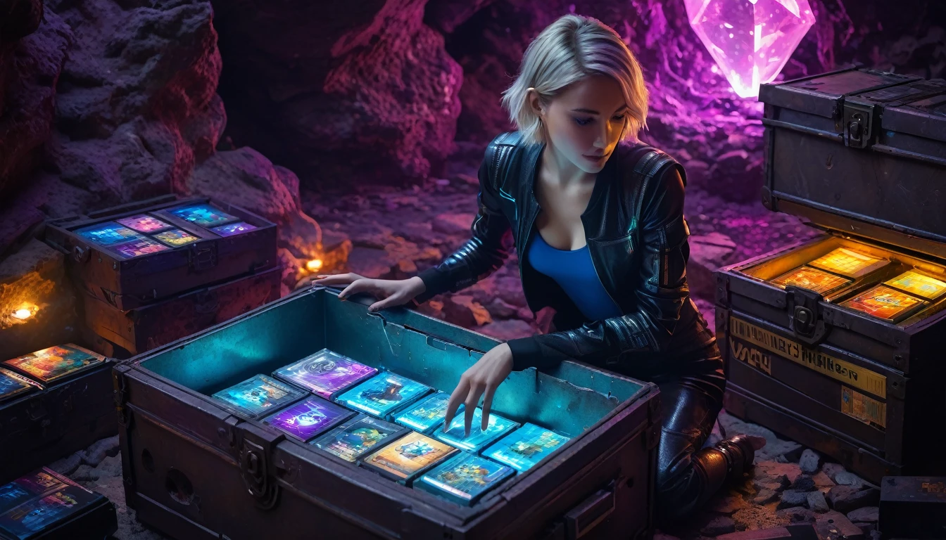 (best quality,4k,8k,highres,masterpiece:1.37), ultra-detailed, (realistic,photorealistic,photo-realistic:1.5), pixel art, (aerial view), (top down perspective), beautiful, (the focal point is one woman pulling a video game cartridge out of a futuristic artifact chest full of retro video game cartridges:1.6), (the woman is looking down:1.5), (Futuristic artifact box), (The woman is looking inside the artifact box:1.6), (the artifact box is open), (The scene unfolds inside a mystical cavern:1.4), mecha, cbpkv5, (The woman is wearing a high-tech black and blue metal cyberpunk bodysuit:1.37), (dynamic angle:1.4), (The woman has short blonde hair:1.6), (fantasy and sci-fi mixed:1.5), holographic glitch effects floats around the woman, vibrant colors, (A purple glow emanates from inside the treasure chest), glowing lights, (abandoned machinery), (there are old video game cartridges and consoles on the background), mystical creatures, pixelated details, (there are crystal formations spreading on the background), (futuristic technology), (ancient artifacts), mystical energy, vibrant retro aesthetic, atmospheric lighting, hidden passages, ancient ruins, mysterious symbols, shimmering water, lush vegetation, interdimensional portals, ethereal music, nostalgic atmosphere, immersive storytelling, epic adventure, delightful surprises