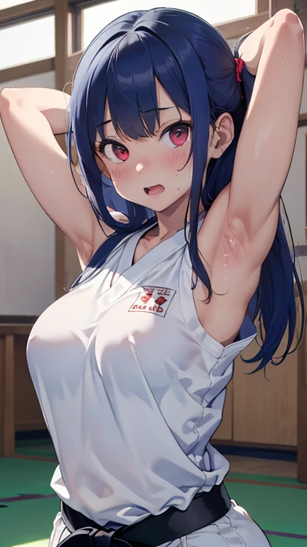 mastute piece,Best Quality,insanely detailed,8k cg,nsfw,
(shoot upper body:1.3),
(1girls:1.3),standing,looking at viewr,body in front,(arms behind back:1.4),(karate uniform:1.4,doges:1.4),karate、(bare breasts:1.2),(open doges:1.2),BREAK,
blush,shy,(ecstasy face),(trembling:1.2),BREAK,(light blue hair:1.3),
BREAK,
perfect breasts,perfect teats,(open mouth:0.9),(large breasts:1.2),
(karate-dojo),karate道場、