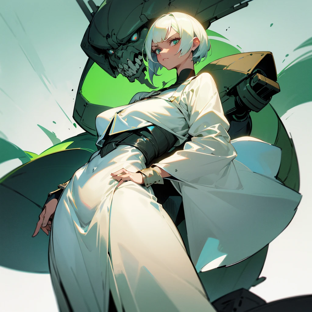 I want an image of a character with light green skin, with a short, straight hairstyle. She has a displeased expression and is wearing a simple dress.. His eyes are large and slightly squinty., with a look of disdain, The character has his arms crossed and has a backward leaning posture., The background is simple, with a neutral color that highlights the character's expression.