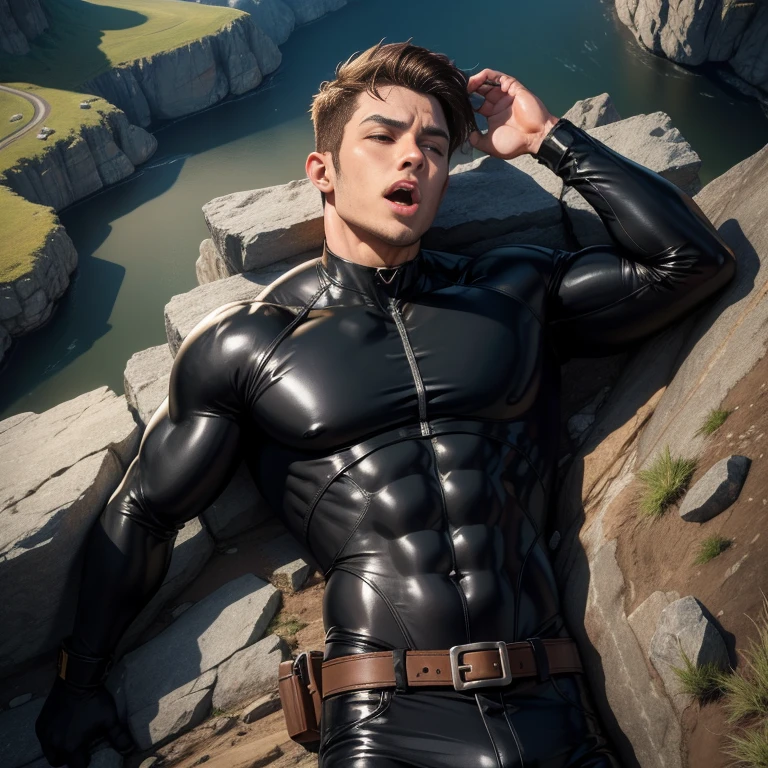 30-year-old handsome man、Black bodysuit、Shocker Belt、logic肉質、Cliff in the mountains　logic,Gay ,Lying on your back　Fallen　The crotch area of the pants is bulging　Scream　Close your eyes　Sticking out tongue　Dirty in muddy water. View from above.。