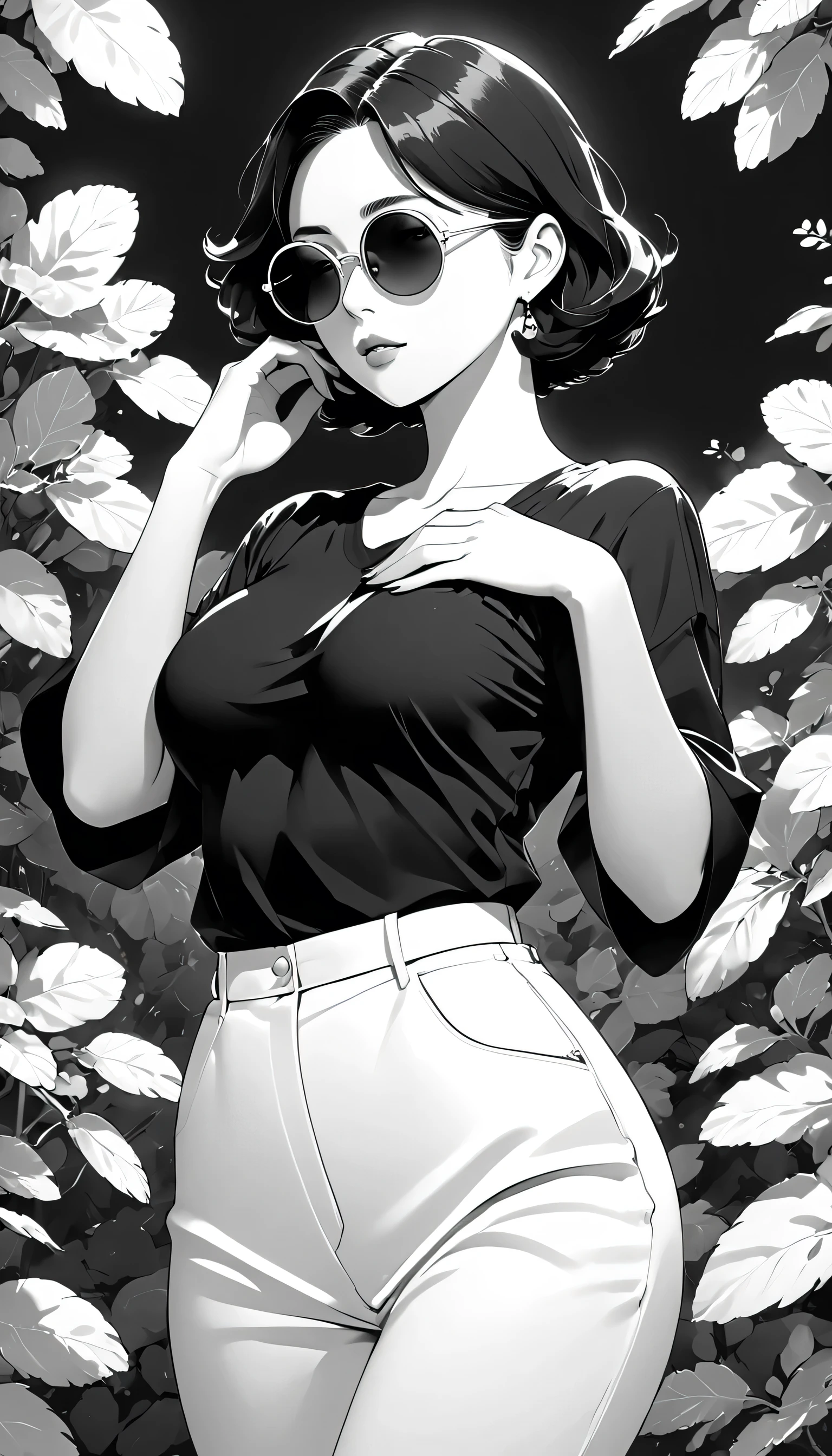 masterpiece，best quality，detail，Perfect composition，Excellent quality，HD Wallpapers，A young woman wearing crimson sunglasses，Big and round breasts，illustration，Anime aesthetic style，I can't believe how beautiful it was，Black Pearl and Mint，Monochrome minimalist portrait，Pop artistic sense，whole body，Dynamic，Solitary，Posing with hands on chest，