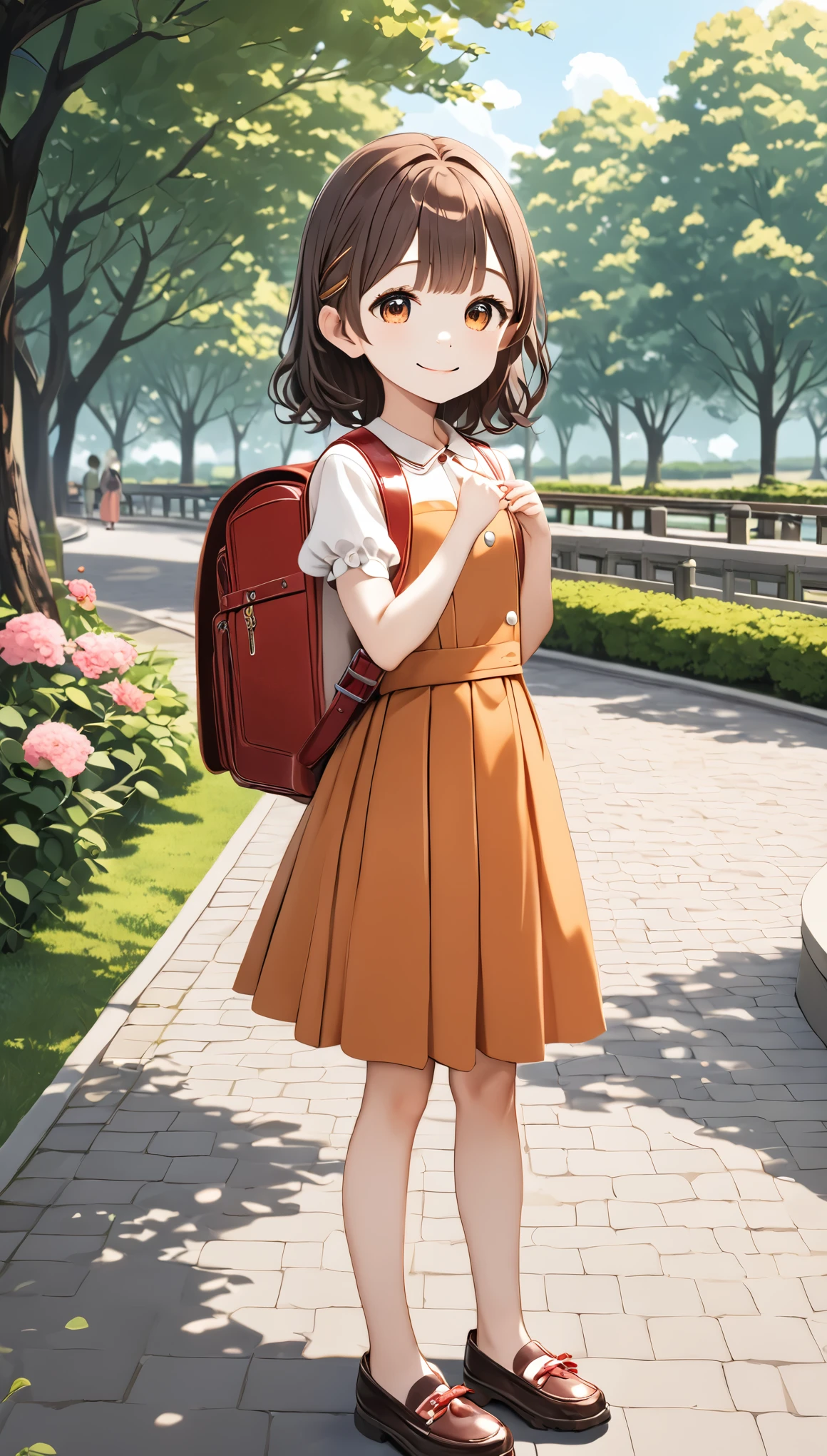 Masterpiece, hd, 1girl, cute girl, 6 y.o girl, ,120 cm body height,  best quality, brown hair, medium hair, hair clip, smile, wearing strapless dress, wearing shoes,fullbody, wearing randoseru backpack, (randoseru backpack:1.2), outdoor, park