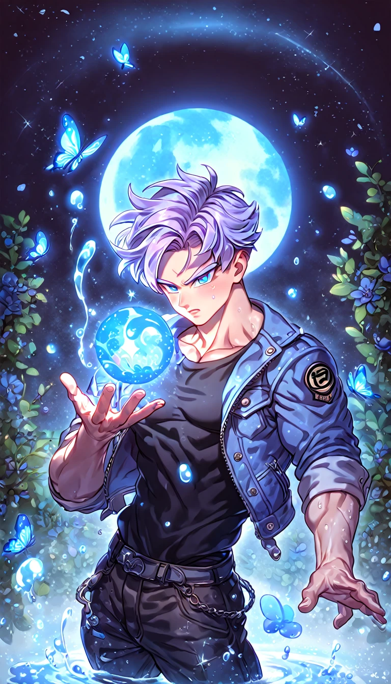 absurdres, highres, ultra detailed, HDR, master piece, best quality, extremely detailed, Trunks, light-purple hair, expressive blue eyes, Dragon Ball Super, solo, sexy man, handsome, manly man, sensual, horny, cropped blue jacket, black T-shirt, fantasy, black pants, magic, sparkling, water, blue moon, blue flowers, blue butterflies, blue petals, garden