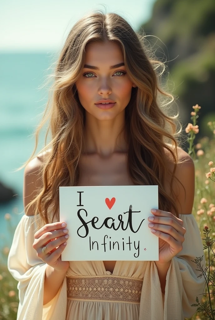 Beautiful girl with wavy long hair, bohemian dress, holding a white board with text "I Love Seaart Infinity" and showing it to the viewer
