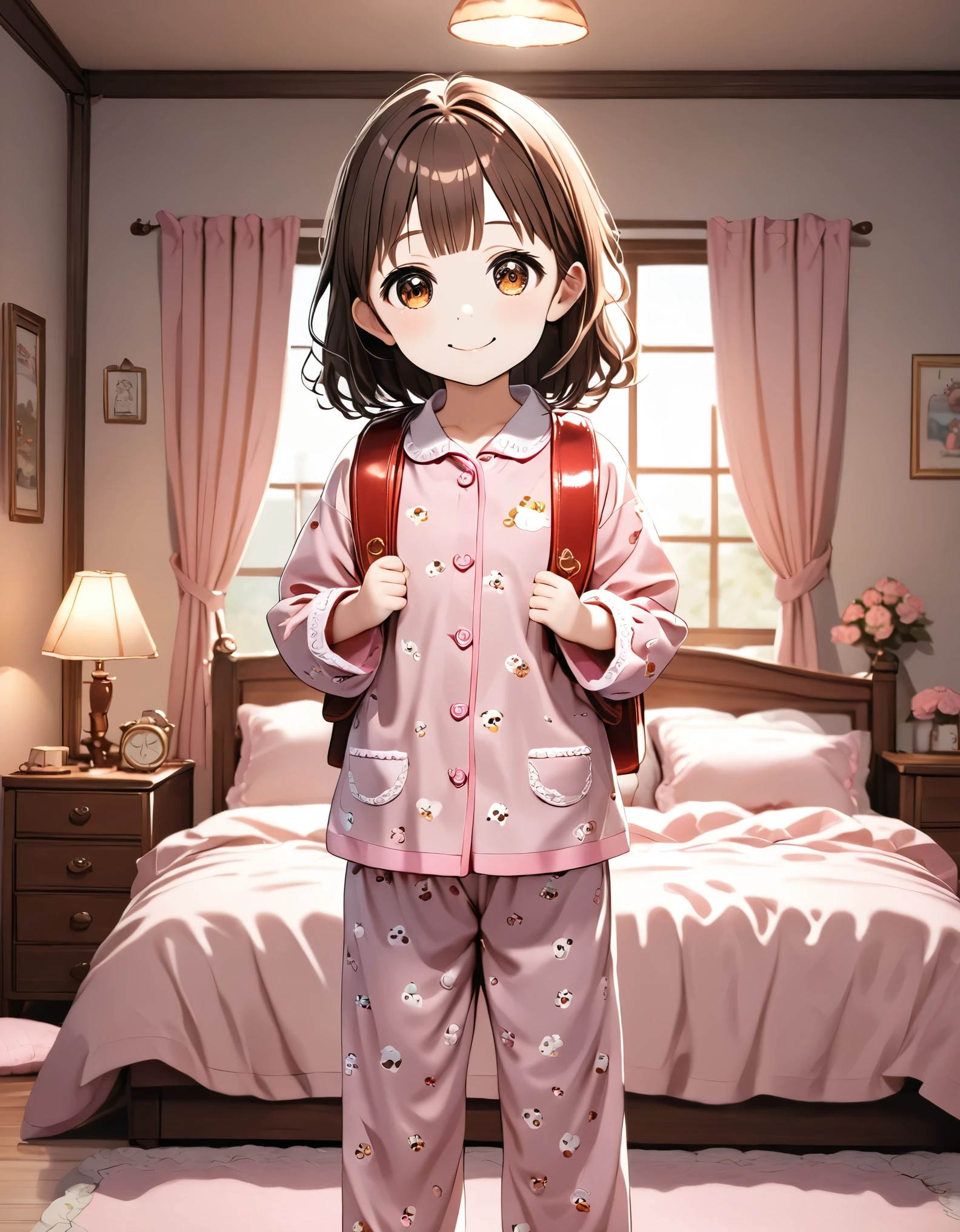 masterpiece, best quality, high resolution, extremely detailed, detailed background, cinematic lighting, 1girl, cute girl, , 6 y.o, young girl, looking at viewer, 1girl, brown hair, brown eyes, smile, wear pajamas, (pajamas:1.1),pajamas trouser, bedroom, indoor, standing,wearing randoseru backpack, (randoseru backpack:1.2)