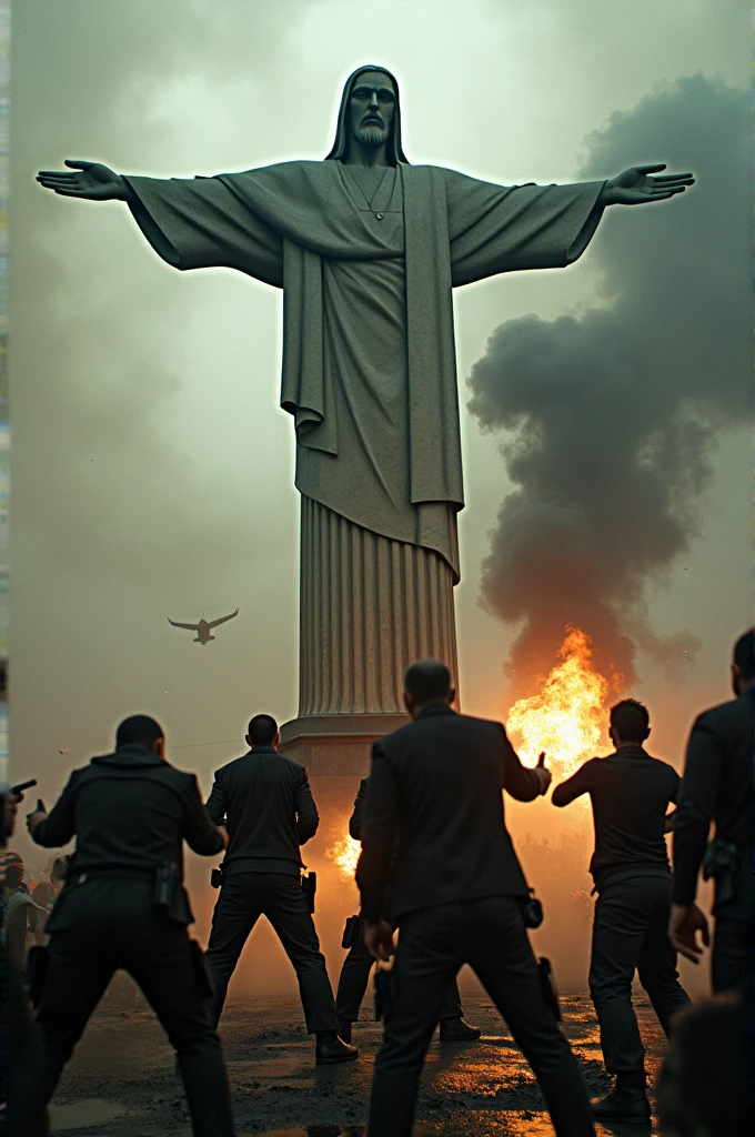 Photo with gunshots and fire behind with Christ the Redeemer
