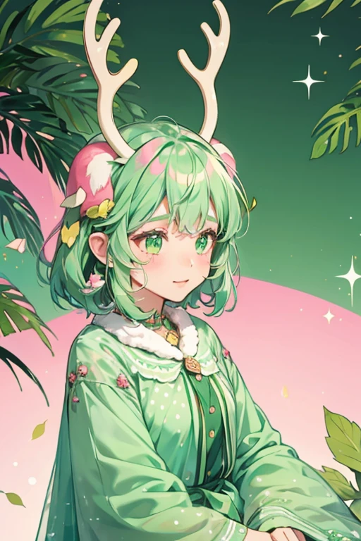 Mani is a mint green girl moose with leaf-shaped spots, darker green ears and hooves, pink in the inner ears, and yellow antlers and cheeks. SPARKLE; GLITTER