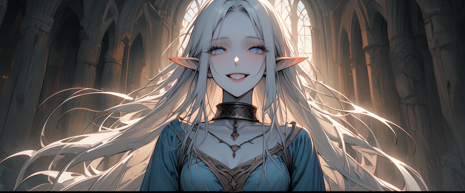solo, female, cowboy shot, elf, pointed ears, pale skin, white hair, collar, tall, ethereal beauty, slender, lithe frame, long straight hair, cold blue eyes, serene elegance, haunted expression, fragile appearance, quiet dignity, medieval, simple clothes, calm, warm light, looking at viewer, happy smile, laughing, pinup pose