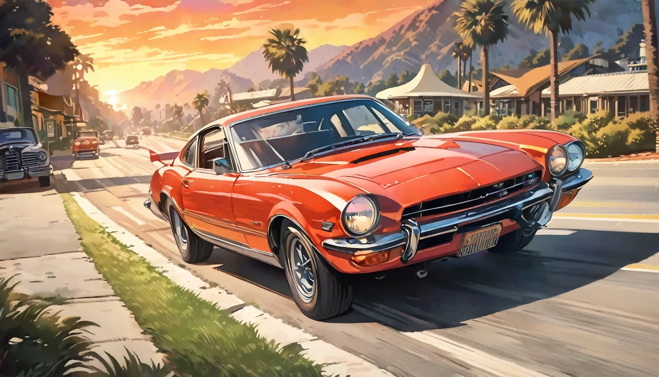Historical masterpieces,Sunset in California, USA,A picture of a red sports car parked in front of a restaurant, Art Deco takes over anime aesthetics, Beautiful artwork, GTA V artwork style, OutRun art style, Beautiful digital art, Great art style, Retro style, Landscape Background,, Highly detailed digital painting,Watercolor style, super Realistic painting style, Detailed 4K painting, Realistic painting style, Awesome Wallpapers