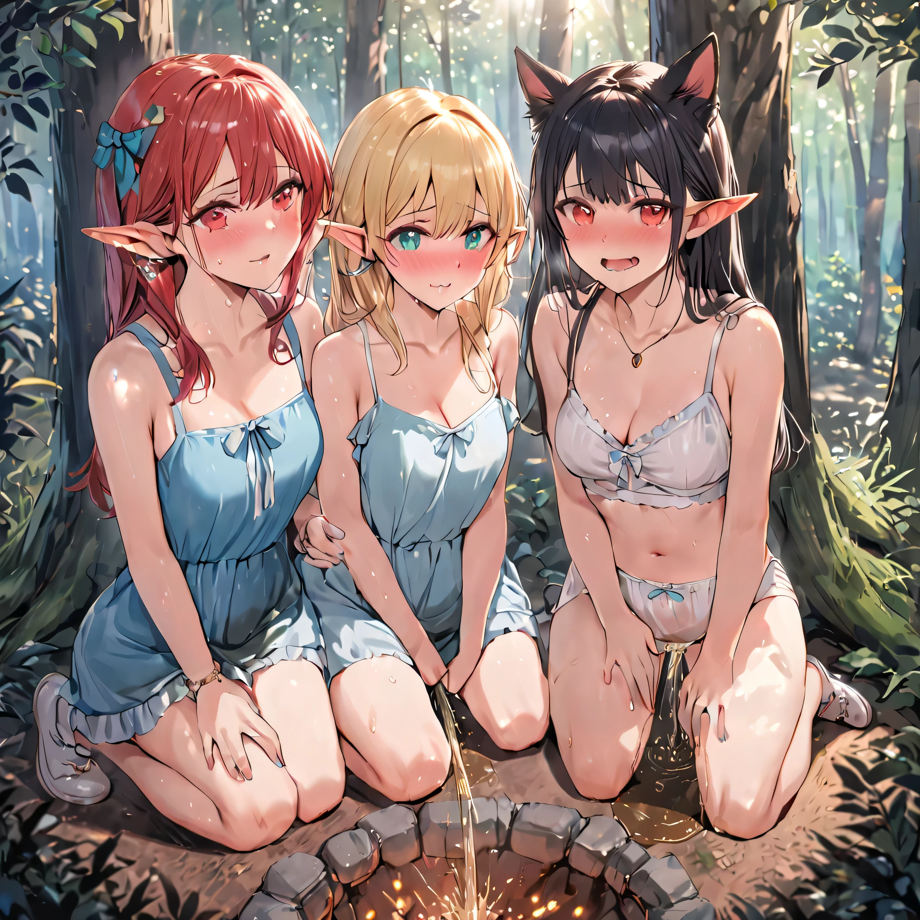 ((masterpiece,Highest quality;1.3,best illustration,realistic)), 3 elf girls, 22 years old, elf ears, blushing, mouths open in arousal, (incontinence, peeing:1.4)  pee stains, wet panties, show your panties, ensemble in the forest,  campfire.