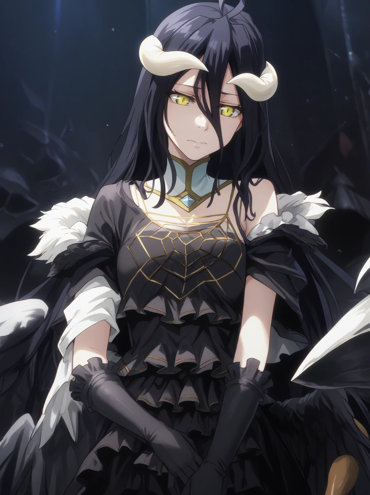 albedo, long hair, black hair, horns, demon girl, demon horns, albedo (overlord), hair between eyes, yellow eyes, slit pupils, anime coloring,
