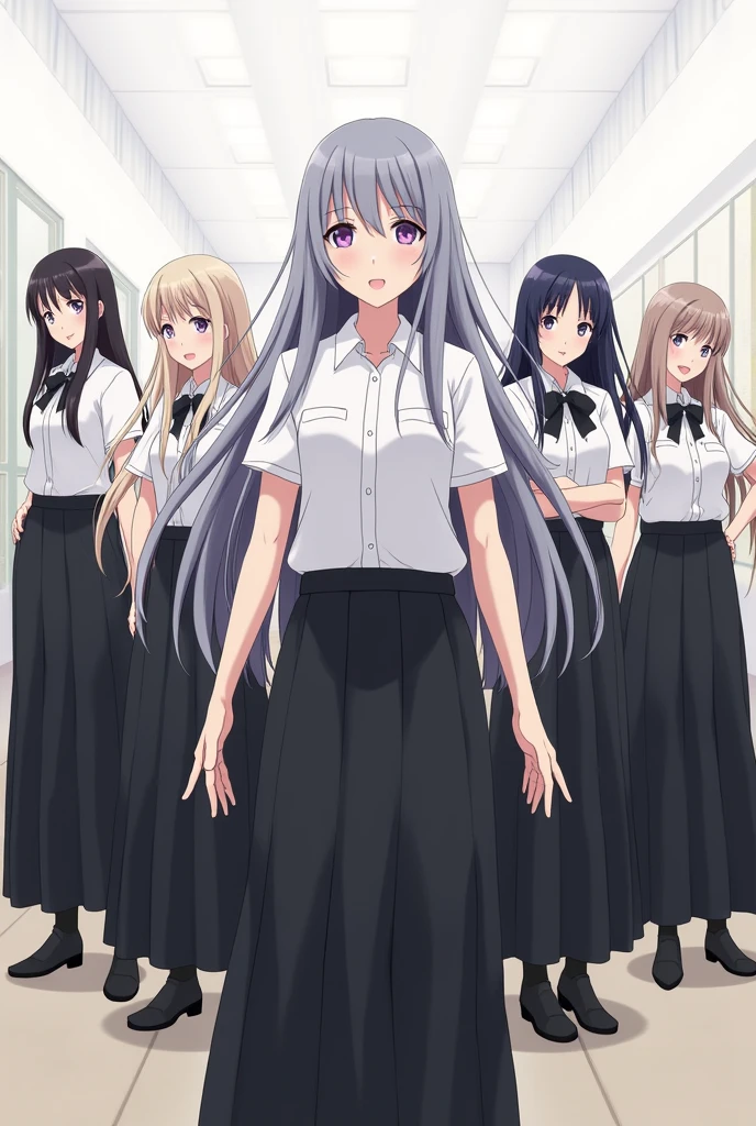 Group of school girls with long hair and long black skirts with their hands on their waists in anime