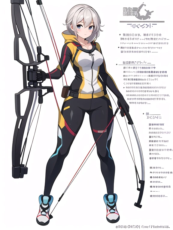 (((Best Quality))) , ((full body)), female, reference sheet, solo, (white background), compound bow,