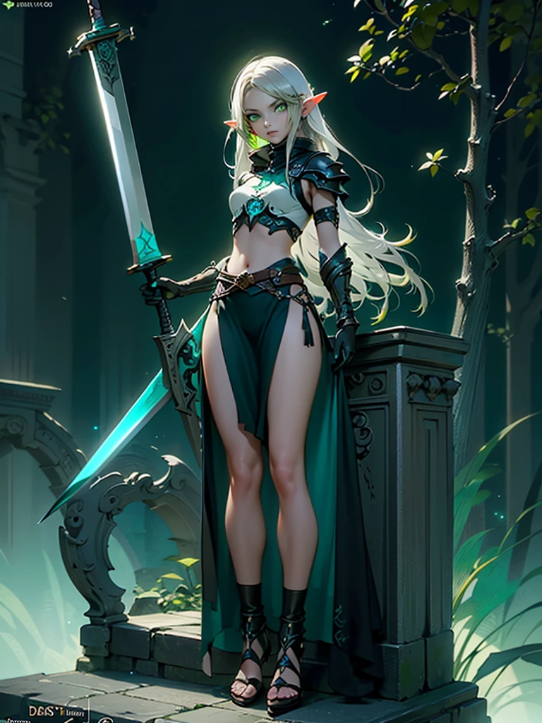 (((Masterpiece, best quality, high detailed, 8k))) Design a layout showcase Gaming character, (1girl). Long silver hair, green eyes, wearing a long flowing jade dress with high side slit, showing midriff, wielding a massive greatsword, sexy. (masterpiece:1.2), (best quality), ultra-detailed. (Step by step design, layout art:1.5), (luminous lighting, atmospheric lighting). Elf royalty. ((glove full hands)), intricate vambraces, thigh highs, thick thighs, (((full_body_shot:1.4))). The elf stands gracefully amidst dark, dense, ancient, towering trees, their leaves shimmering with a magical glow. The bikini armor, a blend of sleek metal and glowing energy lines, contrasts beautifully with the natural surroundings. Her long silver hair flows softly around her, framing her elegant face with piercing green eyes that radiate wisdom and strength. Massive greatsword she holds is pulsing with an ethereal green light.（hoang lap，A high resolution，hyper detailled），Black Soul theme, leather，Off-white，ranger，Background of details，Northern Valley，Irithyll，Cold moon，Rule of thirds，boundage，Diablo 4 style，intricate-detail，Diablo color theme，（offcial art，Beauty and aesthetics：1.2），（Dark art，erode,  fractal art：1.3），rich colourful，horryfing，highest details, (green eyes: 2), white hair with blue tips, blue colored inner hair, long hair, solo, 1girl, slim, small breasts, green flames