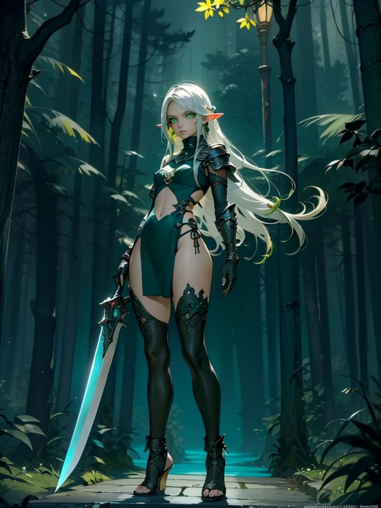 (((Masterpiece, best quality, high detailed, 8k))) Design a layout showcase Gaming character, (1girl). Long silver hair, green eyes, wearing a long flowing jade dress with high side slit, showing midriff, wielding a massive greatsword, sexy. (masterpiece:1.2), (best quality), ultra-detailed. (Step by step design, layout art:1.5), (luminous lighting, atmospheric lighting). Elf royalty. ((glove full hands)), intricate vambraces, thigh highs, thick thighs, (((full_body_shot:1.4))). The elf stands gracefully amidst dark, dense, ancient, towering trees, their leaves shimmering with a magical glow. The bikini armor, a blend of sleek metal and glowing energy lines, contrasts beautifully with the natural surroundings. Her long silver hair flows softly around her, framing her elegant face with piercing green eyes that radiate wisdom and strength. Massive greatsword she holds is pulsing with an ethereal green light.（hoang lap，A high resolution，hyper detailled），Black Soul theme, leather，Off-white，ranger，Background of details，Northern Valley，Irithyll，Cold moon，Rule of thirds，boundage，Diablo 4 style，intricate-detail，Diablo color theme，（offcial art，Beauty and aesthetics：1.2），（Dark art，erode,  fractal art：1.3），rich colourful，horryfing，highest details, (green eyes: 2), white hair with blue tips, blue colored inner hair, long hair, solo, 1girl, slim, small breasts, green flames