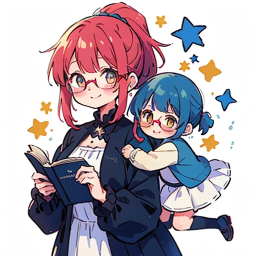 2 people , mother big, daughter small, Books, (masterpiece, highest quality),(Detailed Hair), ((mother wears glasses)), ((daughter doesn't wear glasses)), Super detailed, Anime Style, whole body, cute, whole bodyきぐるみ, red hair with ponytail mother, blue haired daughter,yellow eyes mother, pink eyes daughter,ponytail mother, short hair daughter,Digital Painting, 8K High Resolution, whole body, White Background, Dynamic pose, Dynamic composition, smile, pastel colour, stars, (motherly figure), mother and daughter, crystals, mother wears black clothes, daughter wears white dress with blue jacket