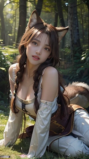 (8k, RAW photo, best quality, masterpiece), (photorealistic), outstanding details, ultra-high resolution, anatomically correct, textured skin, (Extremely precise and accurate anatomy),
Ultra Detailed Face, Detailed Eyes, 

One girl, (whole body:1.4), (full body:1.4), Gaze, Cute Japanese girl , 20-year-old, ( Wolf Ears) , (Big wolf tail:1.4), 
(faint smile),  (Mouth slightly open), ( Double teeth) , 
Side braids, Brown Hair,
curvy, 

( Medieval European Costume) , 
in the forest, grassland, wilderness, Forest, 

Background blur, far and near method, 
morning sun, (backlighting), 
reflection light from below, 
atmospheric perspective, depth of field, 
(dramatic lighting), cinematic lighting, 
Artistic, Baroque, Cinematography, Portrait Photography,
