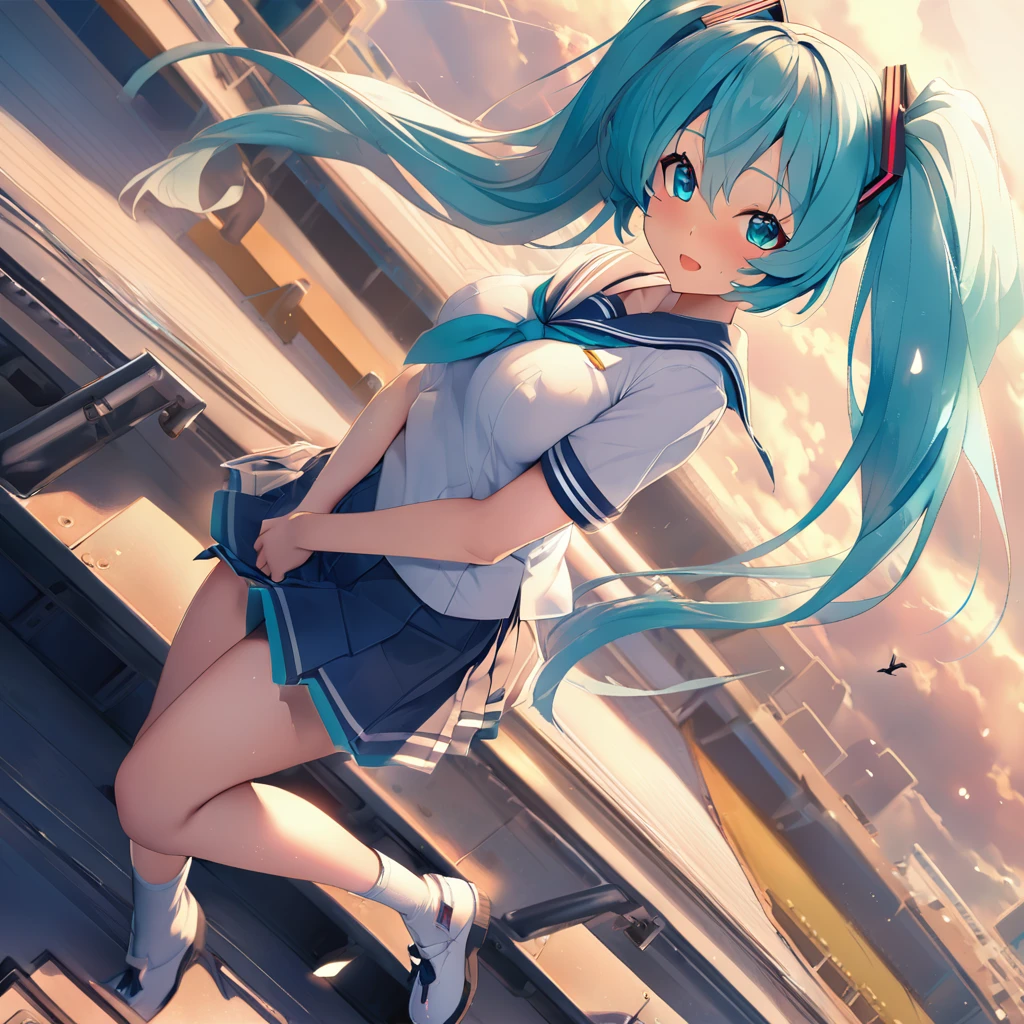 masterpiece,, Very detailed、Outdoor, Hatsune Miku、Very long hair、Very short dark blue skirt、Growing breasts、Sailor suit short sleeve shirt、Twin tails, The body is slim、Dynamic Angle、A view from a very high altitude、Bird's-eye view、Side view angle、Looks hot、sweating
