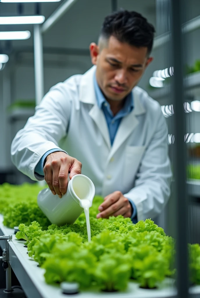 photo of a guy or a woman with a hydroponics in the background with him putting a nutrient solution