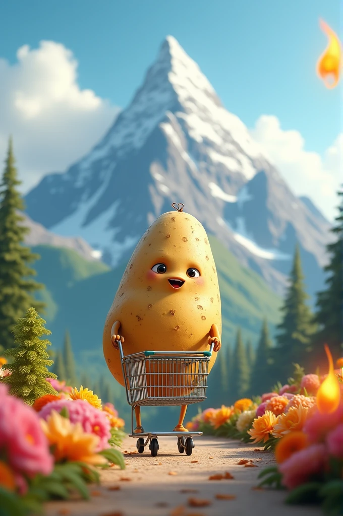 Makes an animated potato pushing a supermarket cart, In the background there is a mountain with three peaks, On the left a small plant and on the right a flame. Let everything be in a serve surrounded by flowers