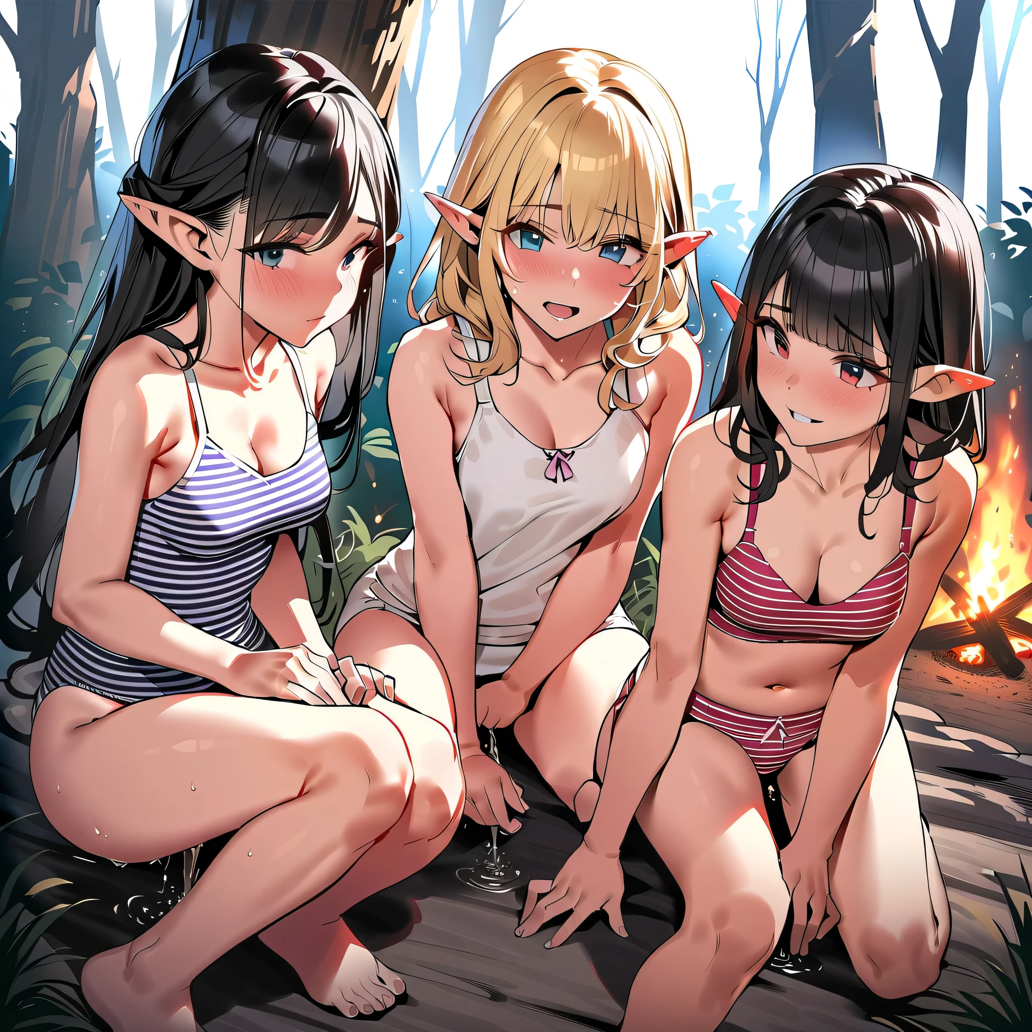 ((masterpiece,Highest quality;1.3,best illustration,realistic)), 3 elf girls, 22 years old, elf ears, blushing, mouths open in arousal, (incontinence, peeing:1.4) pee stains, wet panties, show your panties, ensemble in the forest, campfire.