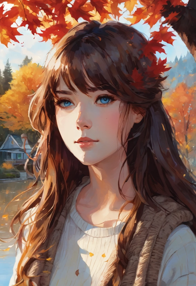 (masterpiece), Best quality, ultra detailed, illustration, warm lighting, soft lighting, bright colors, 1 girl, One,( beautiful girl, long hair, Blue eyes, tape, Brown hair, hair between eyes, hair tape, sidelocks, very long hair, dirty hair,) , autumn, many maple trees, Maple leaves, Golden leaves, autumn foliage, Dried leaves, River, Fresh air, World, cool breeze , sweater weather,( wear a white or brown sweater, red scarf, A sullen fall, pensive, Melancholy, sad ,worried, Yearning,)