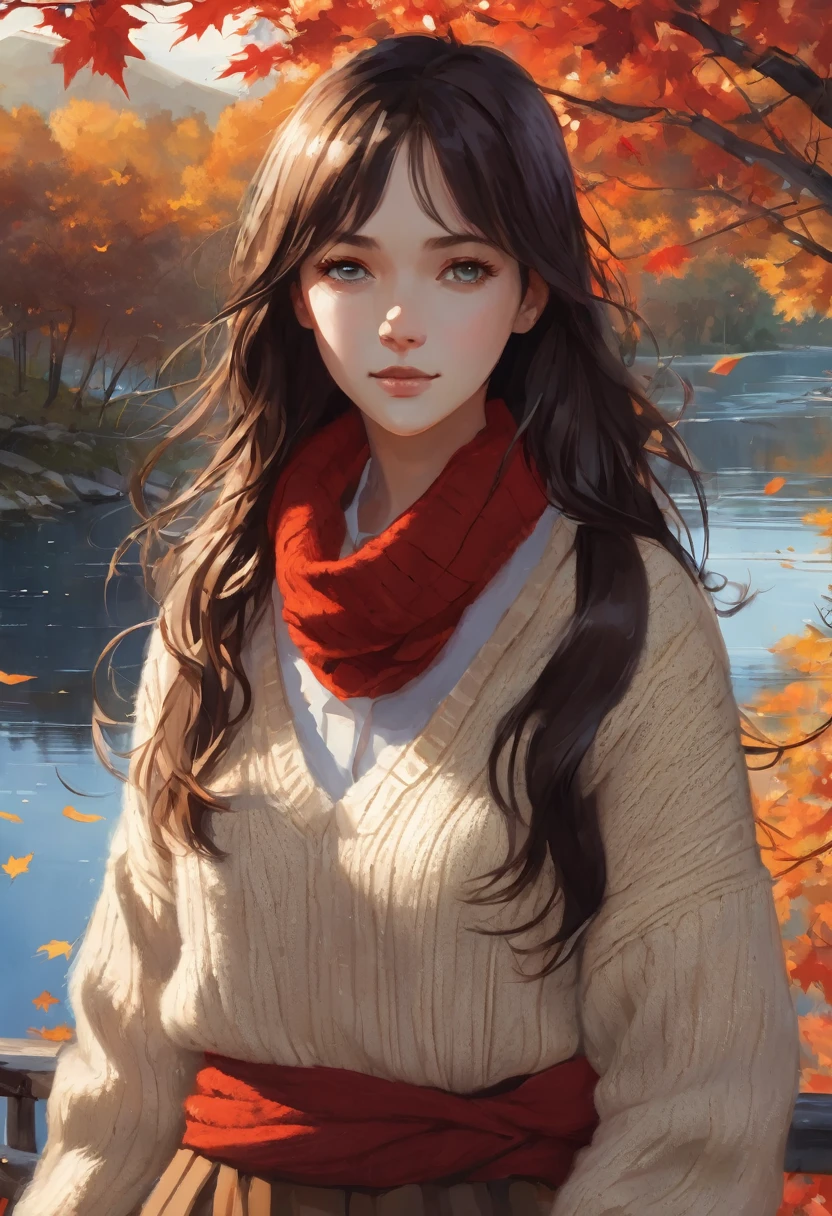 (masterpiece), Best quality, ultra detailed, illustration, warm lighting, soft lighting, bright colors, 1 girl, One,( beautiful girl, long hair, Blue eyes, tape, Brown hair, hair between eyes, hair tape, sidelocks, very long hair, dirty hair,) , autumn, many maple trees, Maple leaves, Golden leaves, autumn foliage, Dried leaves, River,  Fresh air,  World, cool breeze , sweater weather,( wear a white or brown sweater, red scarf, A sullen fall, pensive, Melancholy, sad ,worried, Yearning,)