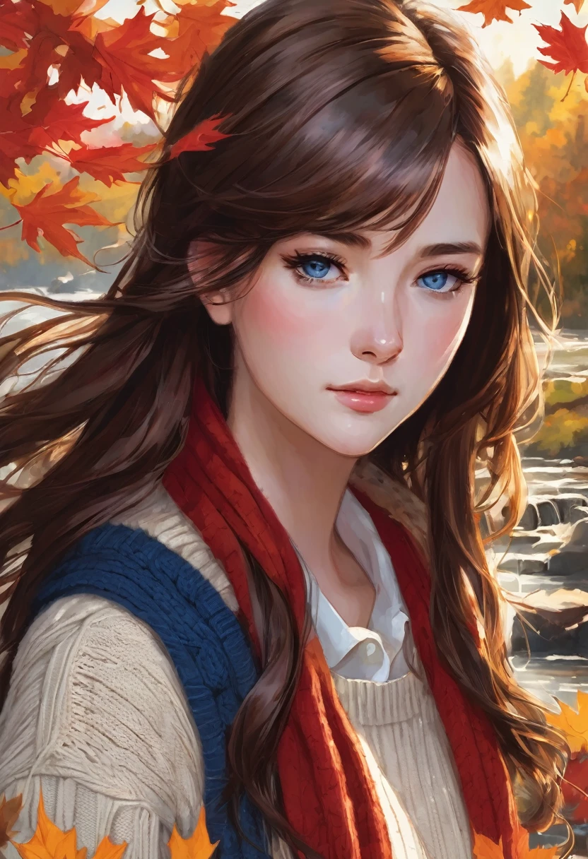 (masterpiece), Best quality, ultra detailed, illustration, warm lighting, soft lighting, bright colors, 1 girl, One,( beautiful girl, long hair, Blue eyes, tape, Brown hair, hair between eyes, hair tape, sidelocks, very long hair, dirty hair,) , autumn, many maple trees, Maple leaves, Golden leaves, autumn foliage, Dried leaves, River,  Fresh air,  World, cool breeze , sweater weather,( wear a white or brown sweater, red scarf, A sullen fall, pensive, Melancholy, sad ,worried, Yearning,)