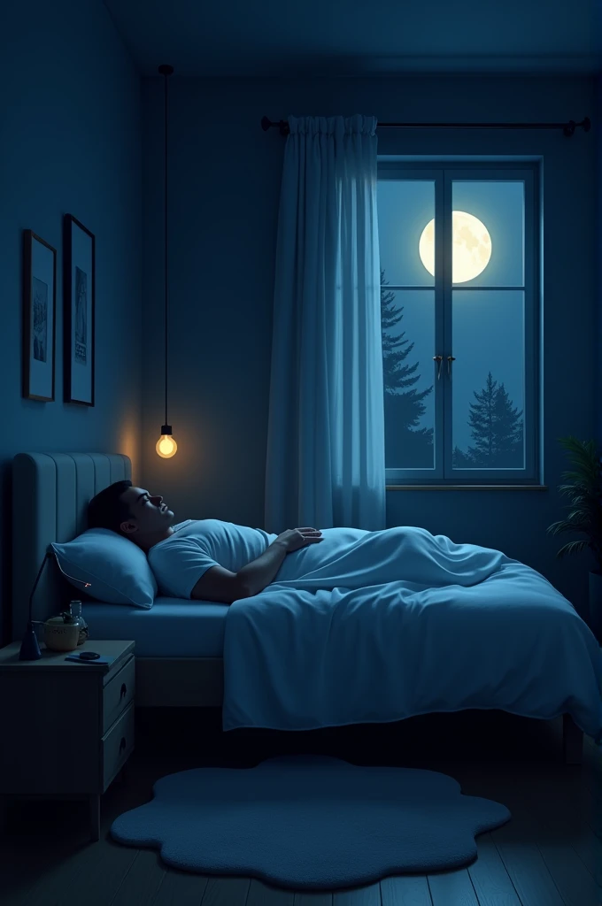 A man is lying in bed asleep at night. The room is dimly lit, with moonlight streaming through a nearby window. The man is covered with a blanket, resting peacefully on a comfortable bed. The surroundings are quiet and serene, with soft shadows and gentle light creating a calm and soothing atmosphere in the room.