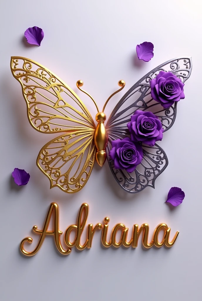 Create a 3D-rendered image featuring a delicate, golden butterfly with intricate, thin wings. The butterfly's left wing is entirely composed of a golden metallic structure, while the right wing integrates deep purple roses, blending into silver branches. Scattered around the butterfly are a few purple rose petals, adding a soft touch to the scene. Below the butterfly, the name 'Adriana' should be written in elegant, cursive golden lettering that matches the butterfly's metallic color. The overall color palette should include gold, deep purple, and silver, with a soft, neutral background to highlight the butterfly and the text