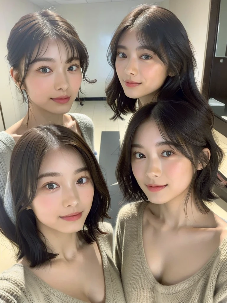 (masterpiece:1.3), (8K, Photoreal, Raw photo, best image quality: 1.4), Japanese high school girl、Similar identical twins、2 girls、(random hairstyle:1.2)、cleavage:1.2、super detail face、eye for details、double eyelid、chest to chest、sharp focus:1.2、Beautiful woman:1.4、light brown hair、highest quality、masterpiece、Super high resolution、(Photoreal:1.4)、Highly detailed and professionally lit smiles、loose and light knitwear, Two girls whose faces, figures, and standing positions are perfectly copied like the virtual image reflected in the mirror and the real image.,To her rightside there is a mirror in which she sees herself., all girls are exactly the same face